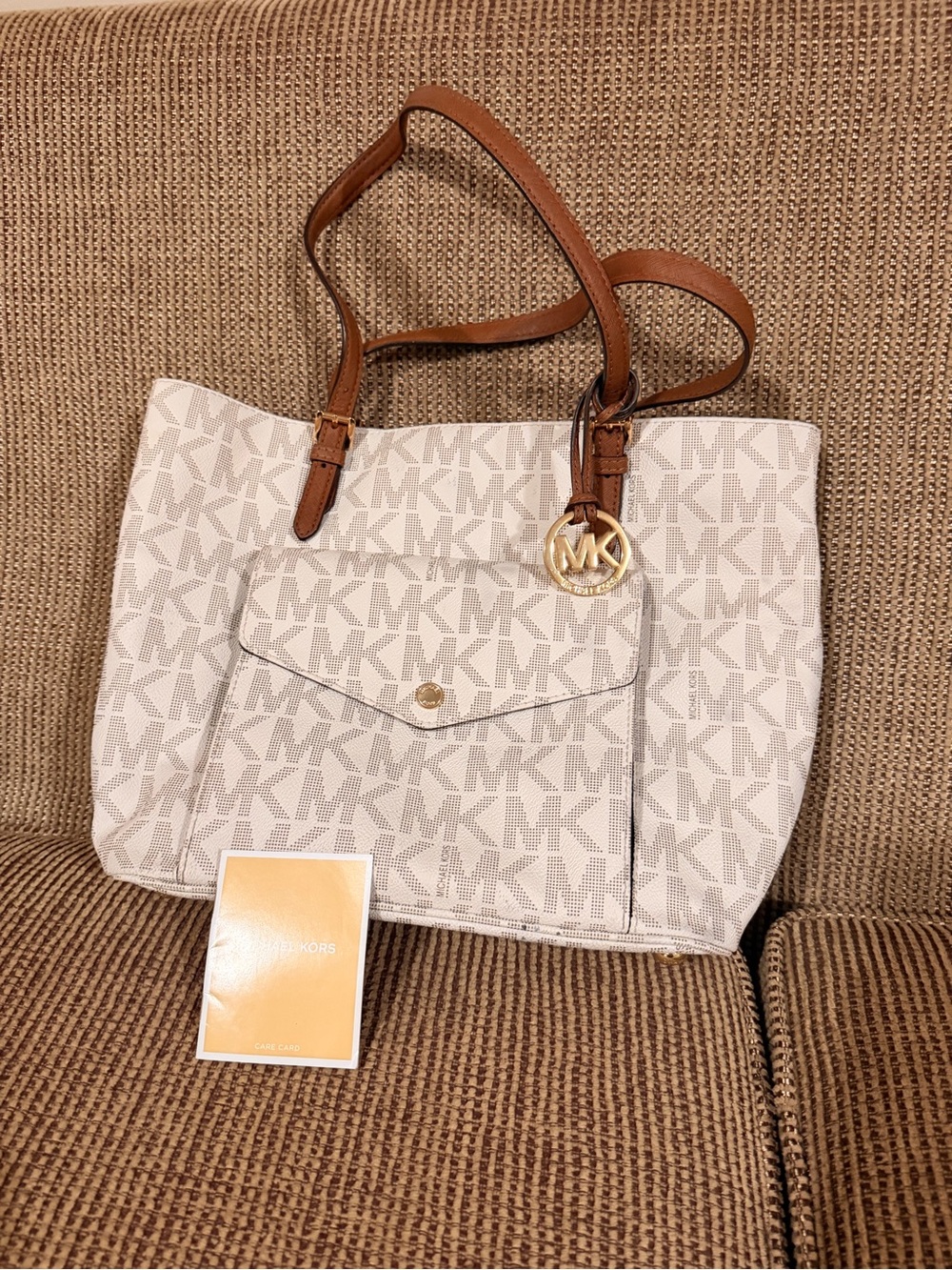 Michael Kors White MK Logo Tote with Brown Leather Handles and Gold Charm